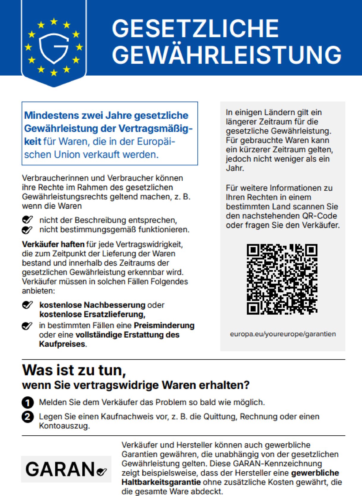 Amtlicher EU-Hinweis zur gesetzlichen Gewährleistung